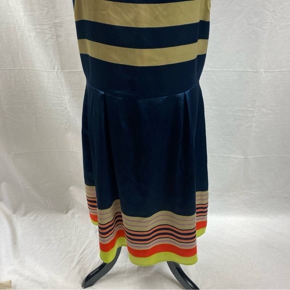 Cremieux Dress Size 10 Navy Blue Tan Multicolor Striped Silky Spaghetti Strap - Picture 4 of 7